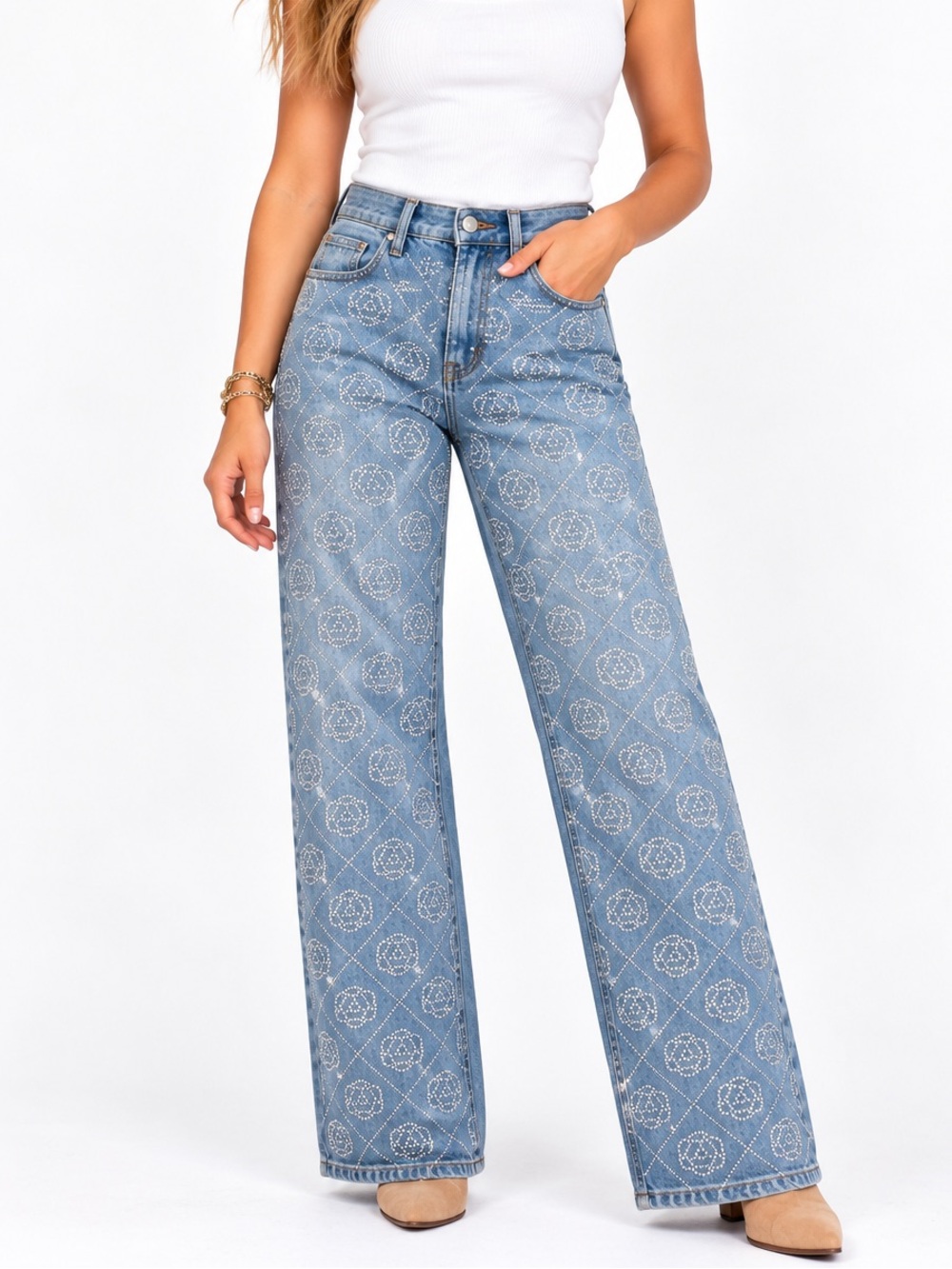 200.New Embroidered Light Blue Wide-Leg Jeans - Women